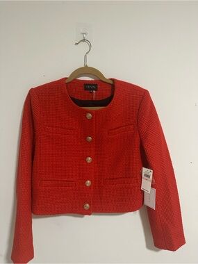 STATE Red Textured Cropped Jacket with Gold Buttons